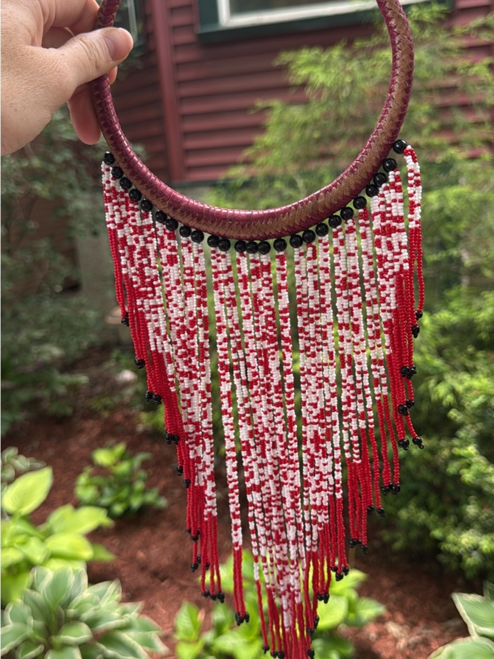 Handmade African Red & White Beaded Fringe Necklace